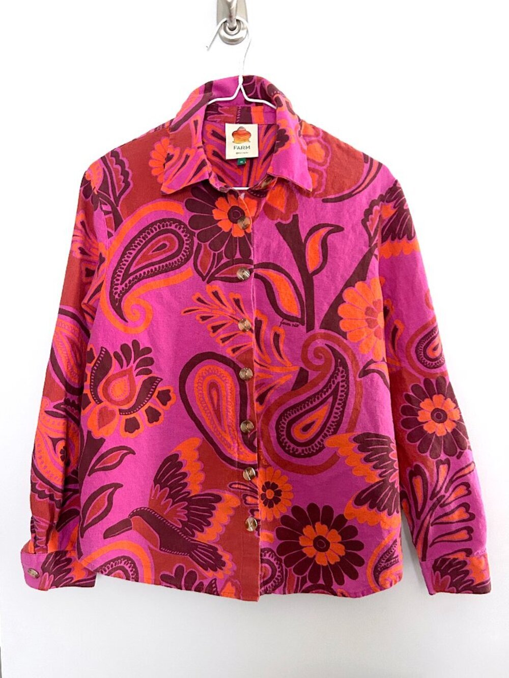 Farm Rio Tropical Paisley Floral Button Down Pink Orange Long Sleeve Size M